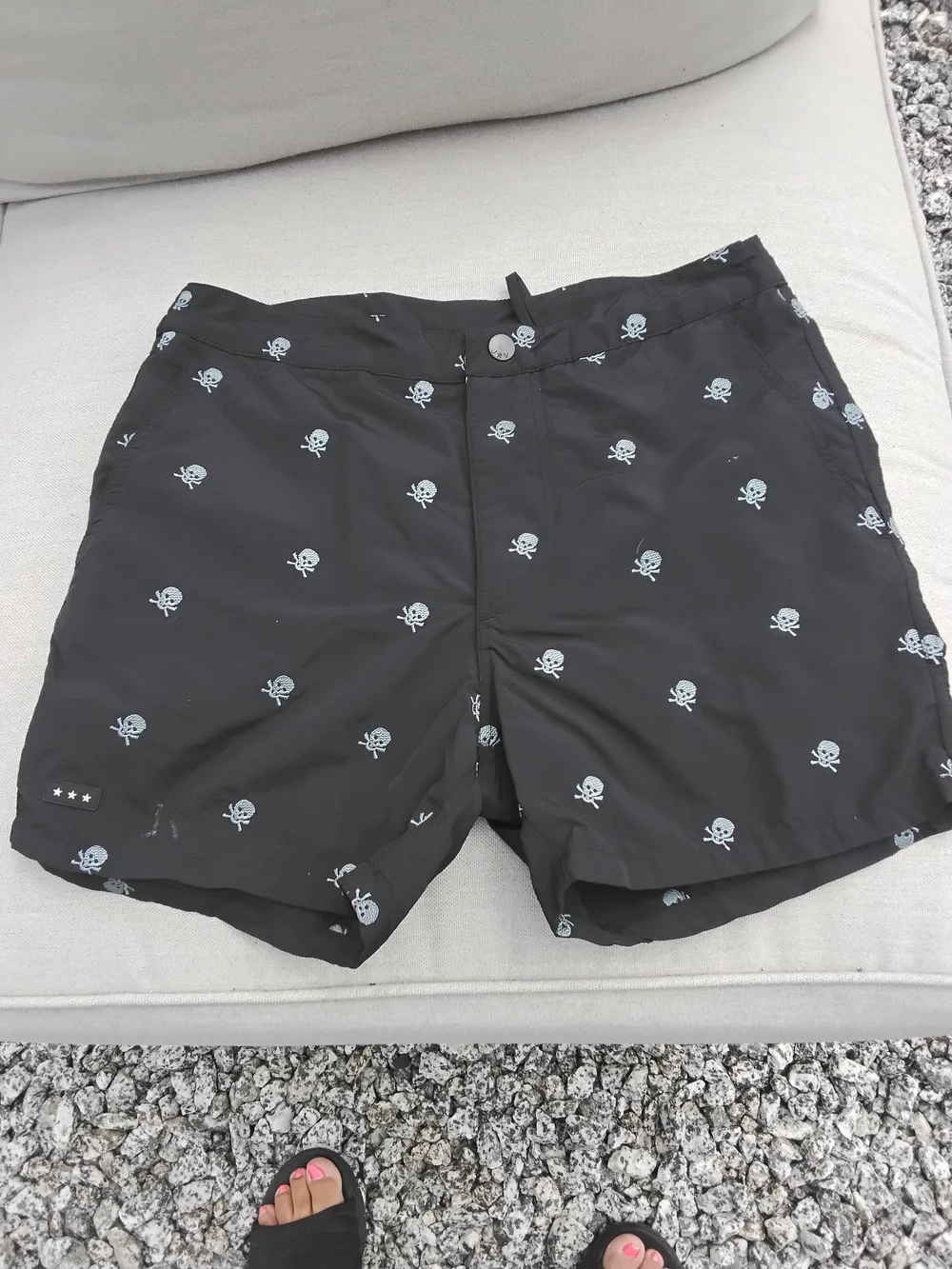 John Varvatos Black Swim Trunks with Light Gray Skull Print